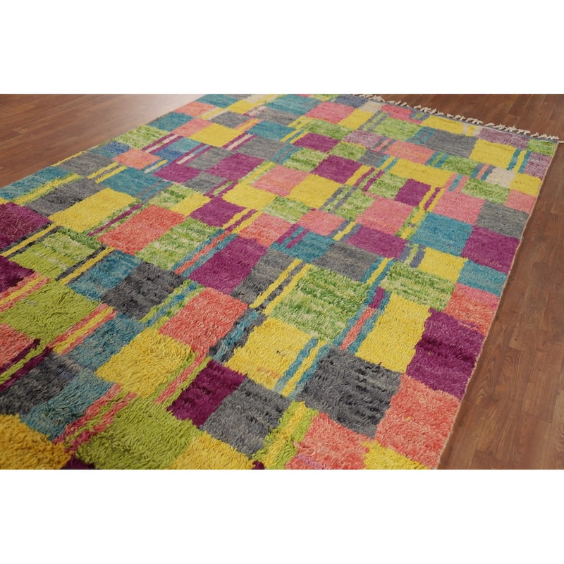 Colorful Checkered Moroccan Oriental Area Rug Handmade Wool Carpet - 6'10" x 10'6"