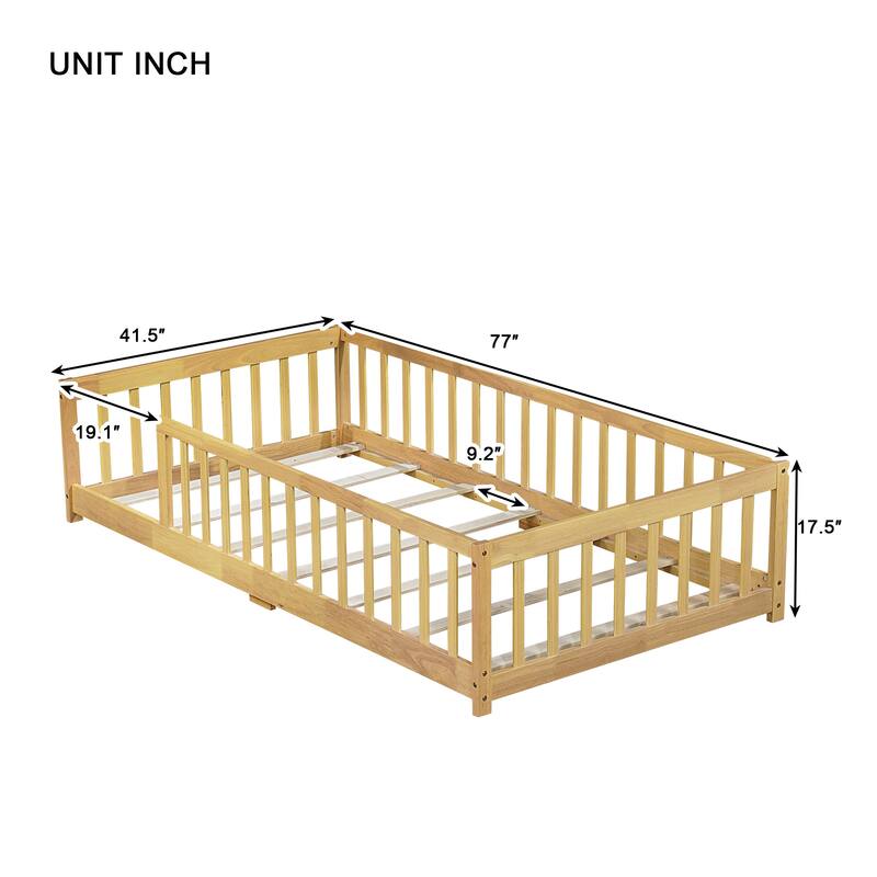 Twin Size Floor Bed With Fence Without Door, Rubber Wood Floor Bed With Safety Guardrails