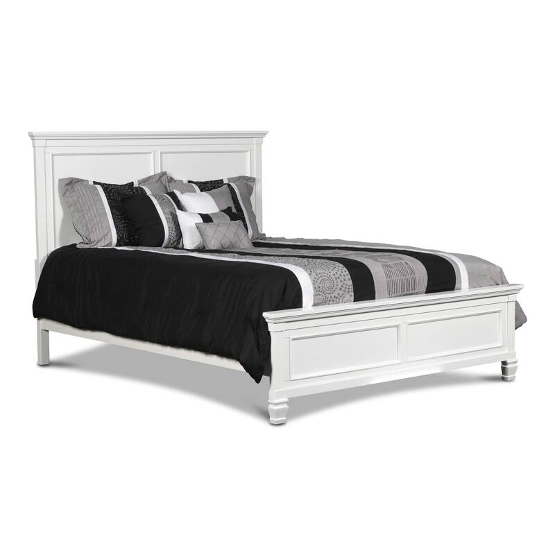 Umi Queen Size Bed, Classic Panel Design with Molded Details, White Wood