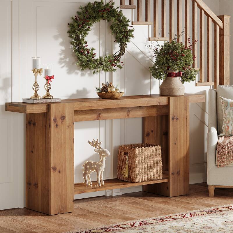 63-Inch Solid Wood Entryway Table, Console Table with 2-Tier Shelves