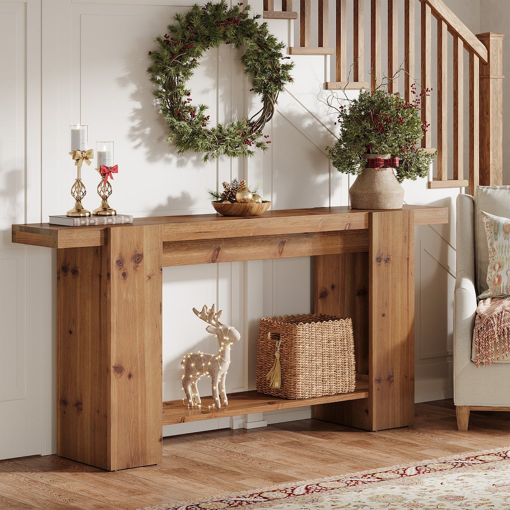 Solid Wood Entryway Table, Console Table with Storage Shelves, Sofa Behind Couch Table Hallway Foyer Accent Side Table