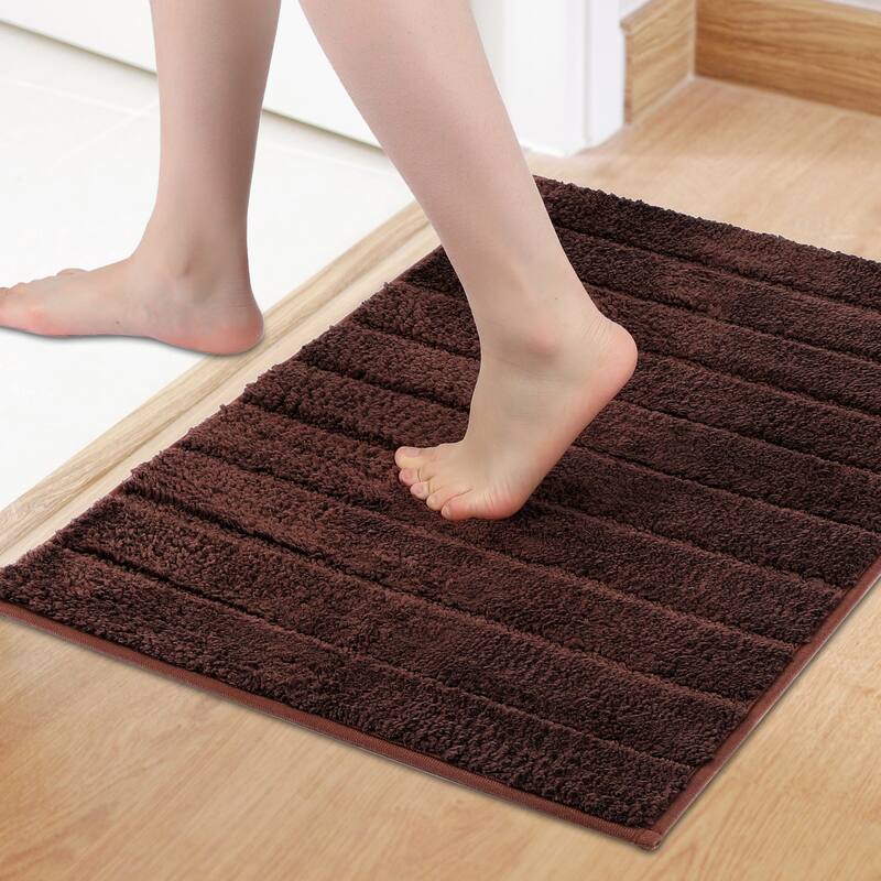 Soft Stripe Bathroom Rug, Rubber Backing Quick Dry Microfiber Rugs Non Slip Absorbent Mat for Shower Floor, Bath Decor - Brown