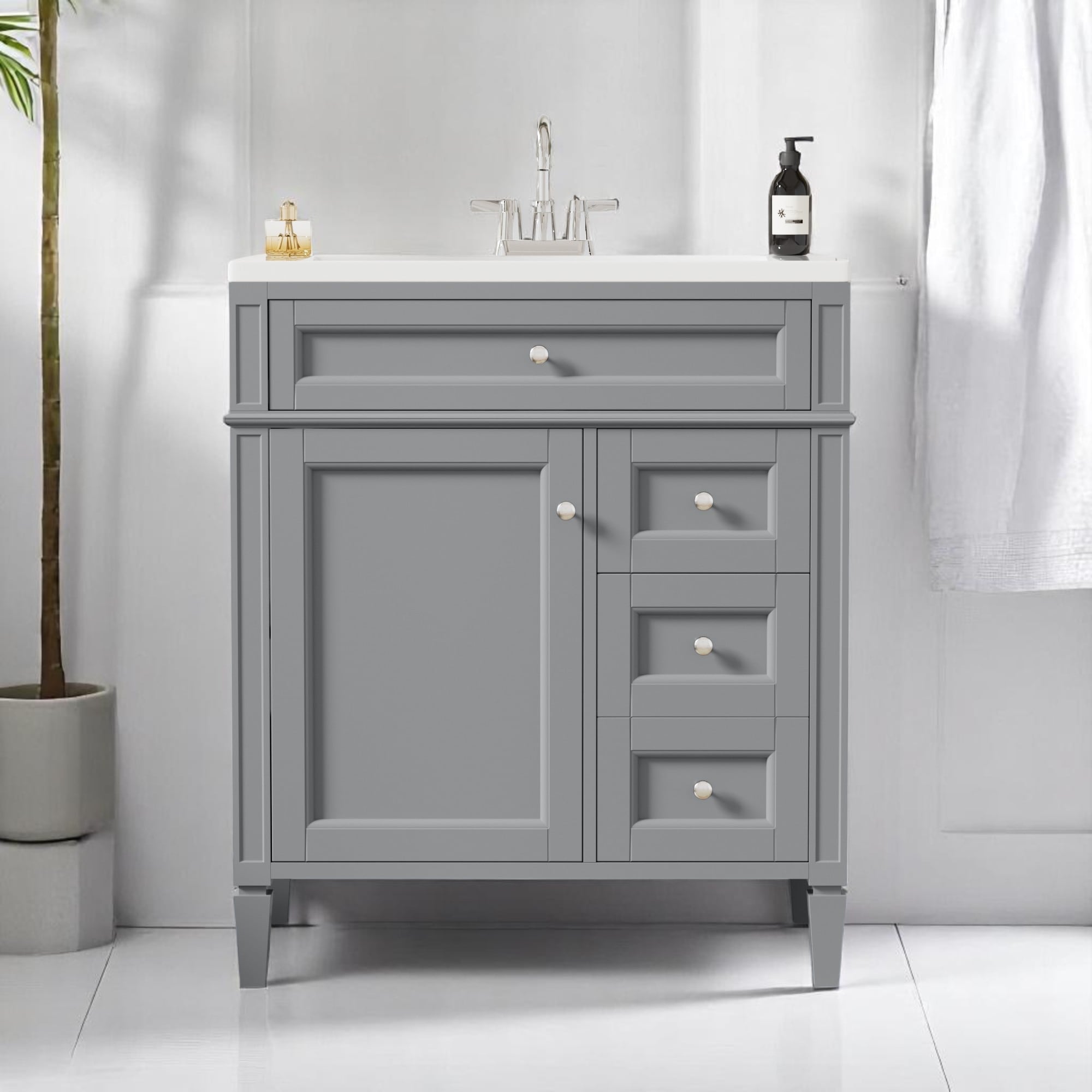 30 Inch Bathroom Vanity with Ceramic Top, 2 Storage Drawers, Tip-Out Tray, Solid Wood Frame Cabinet