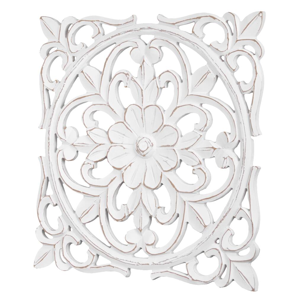 American Art Decor Floral and Cross Wall Medallion - White (16") - 16x16