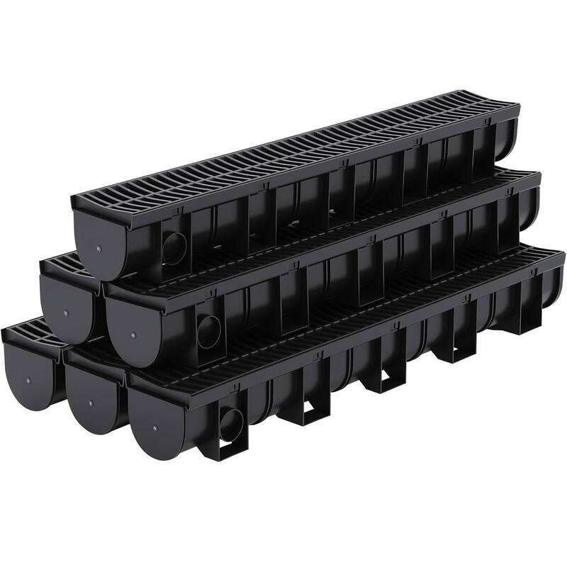 6-Piece High-Efficiency Surface Drainage Trench Drain System for Yard, Driveway, Garden, Patio & Sidewalk - N/A - Black