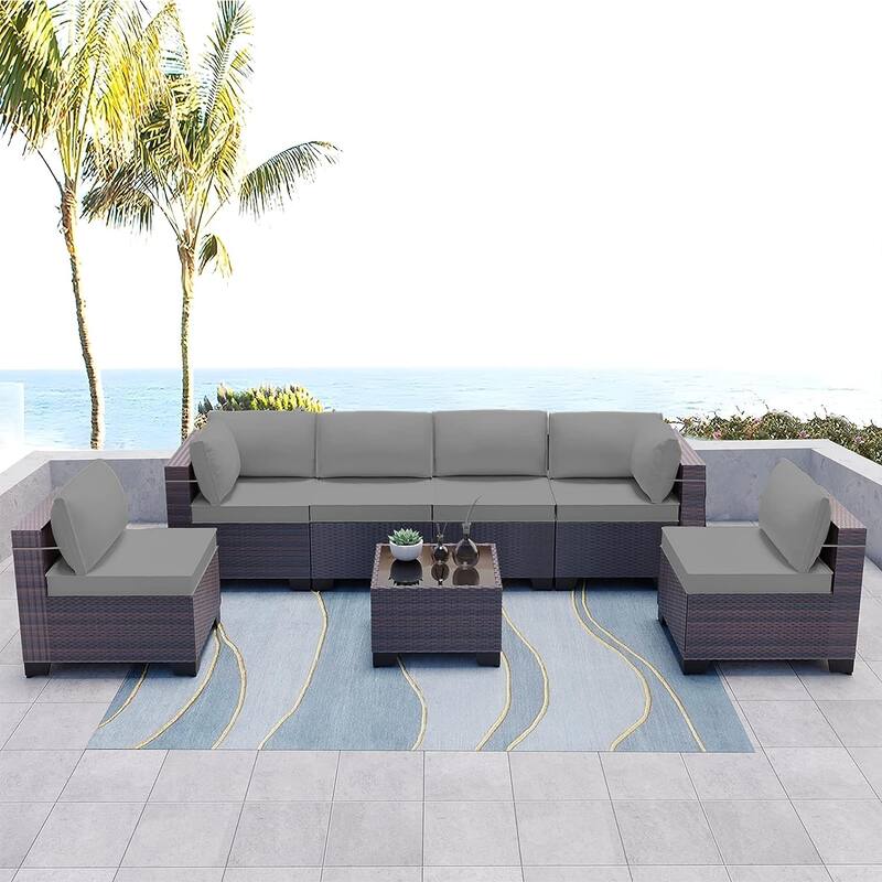 Kullavik 7 Pieces Outdoor Sectional Sofa Set Brown Wicker Patio Conversation Set with Seat Cushions and Tempered Glass Table