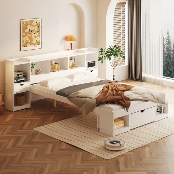 slide 2 of 15, Queen Size Wood Platform Bed with Multi-storage Headboard and a Drawer White