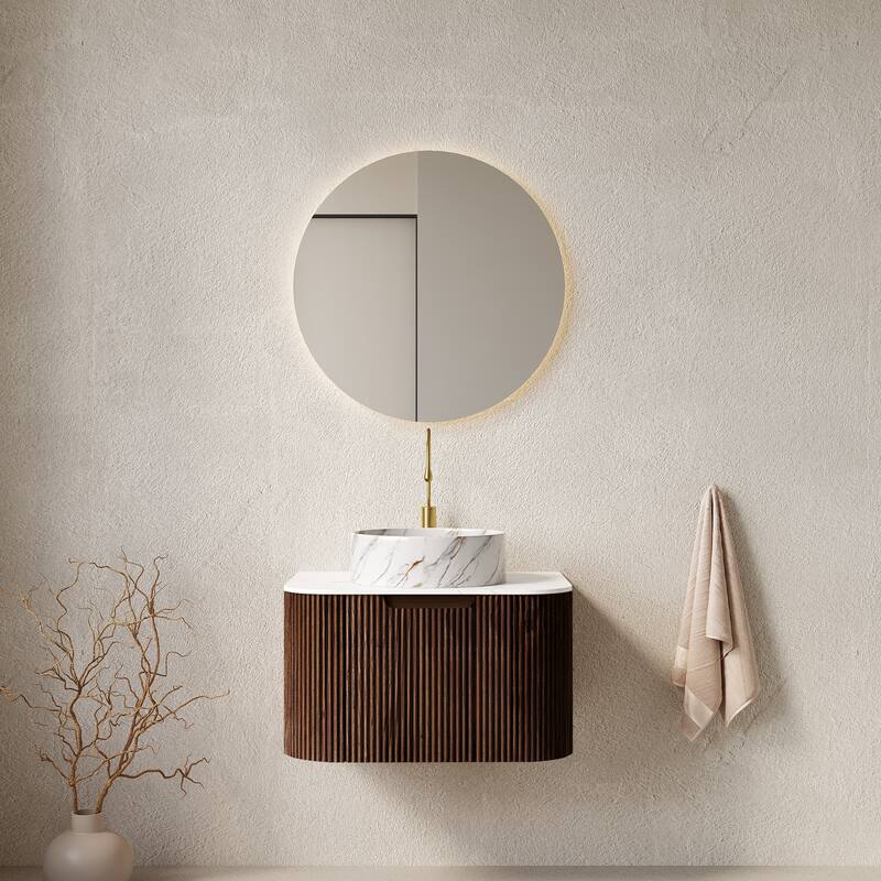 24"Bathroom Vanity with Sink, Wall-Mounted Floating Curved Edges Striped Cabinet with Drawer, Round Ceramic Basin - Walnut+White