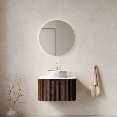 24"Bathroom Vanity with Sink, Wall-Mounted Floating Curved Edges Striped Cabinet with Drawer, Round Ceramic Basin