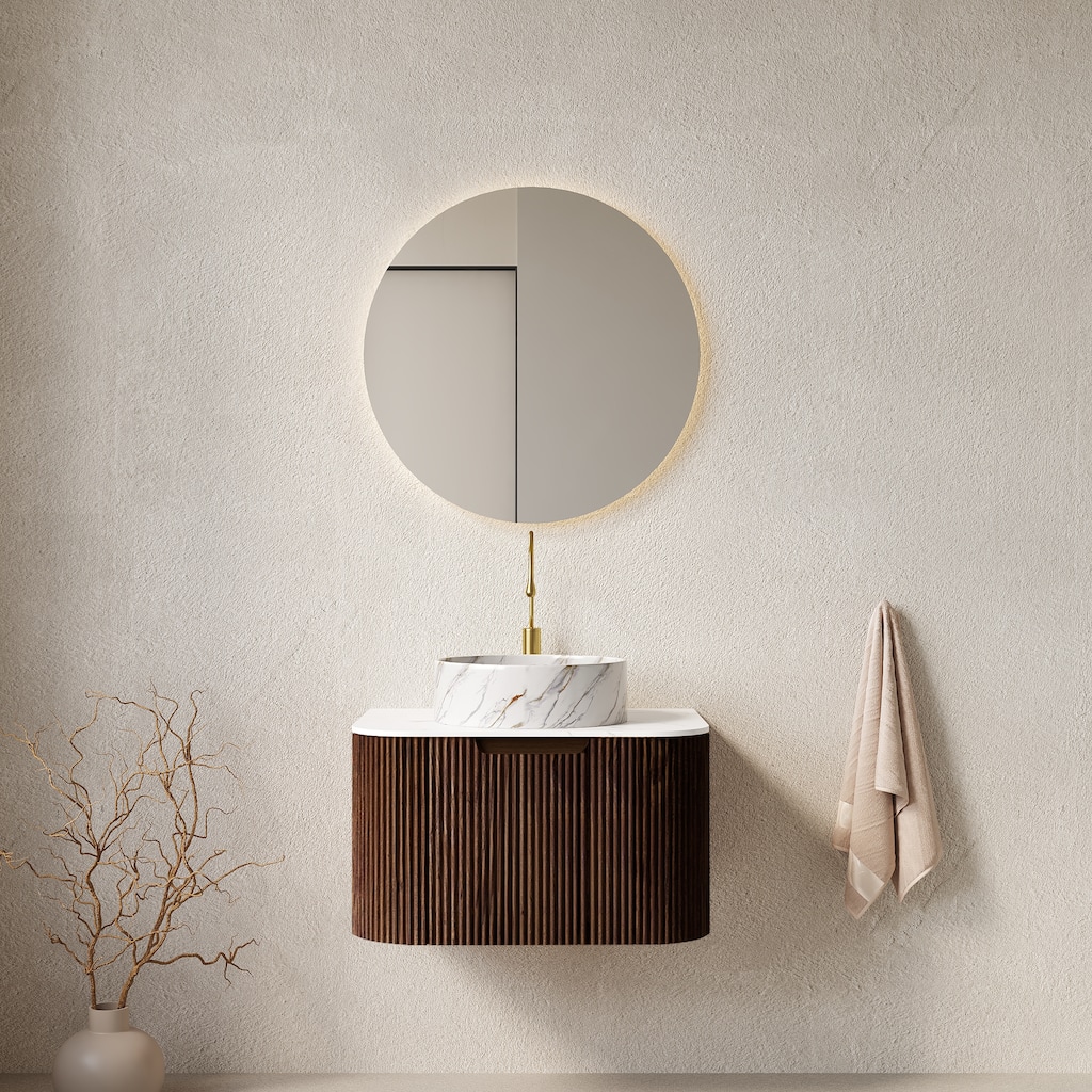 24"Bathroom Vanity with Sink, Wall-Mounted Floating Curved Edges Striped Cabinet with Drawer, Round Ceramic Basin