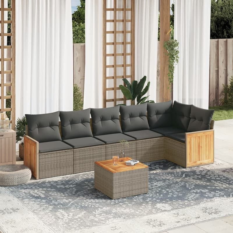 vidaXL Patio Sofa Set with Cushions Outdoor Conversation Furniture Poly Rattan - Grey-With table - 24.4 x 24.4 x 27.2