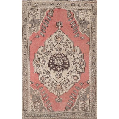 Pink Geometric Hamedan Persian Vintage Rug Hand-Knotted Wool Carpet - 4'1" x 6'6"