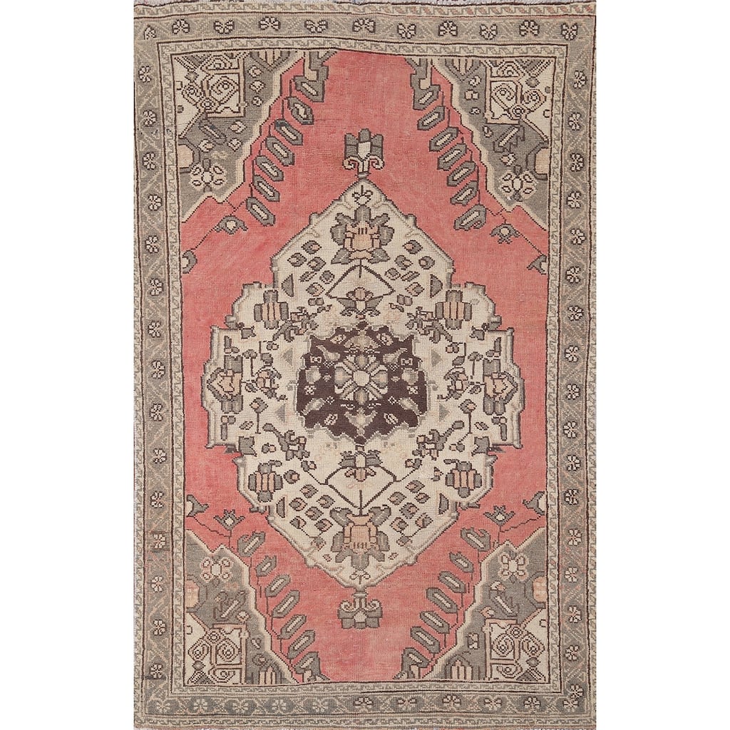 Pink Geometric Hamedan Persian Vintage Rug Hand-Knotted Wool Carpet - 4'1" x 6'6"