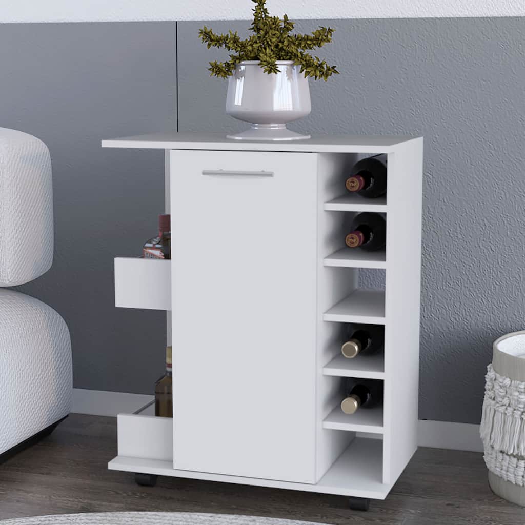 Modern White Bar Cart with Wine Cubbies, Side Shelves & Casters for Easy Mobility