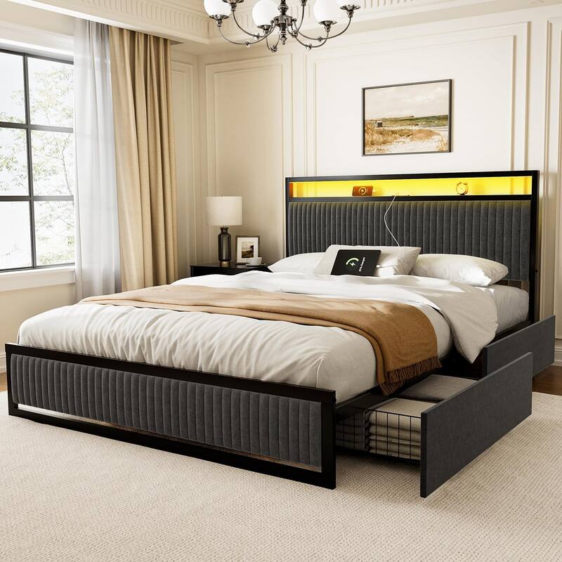 Hausource Full Size Upholstered Bed Frame with LED Headboard, 2 Drawers, Charging Station, Grey