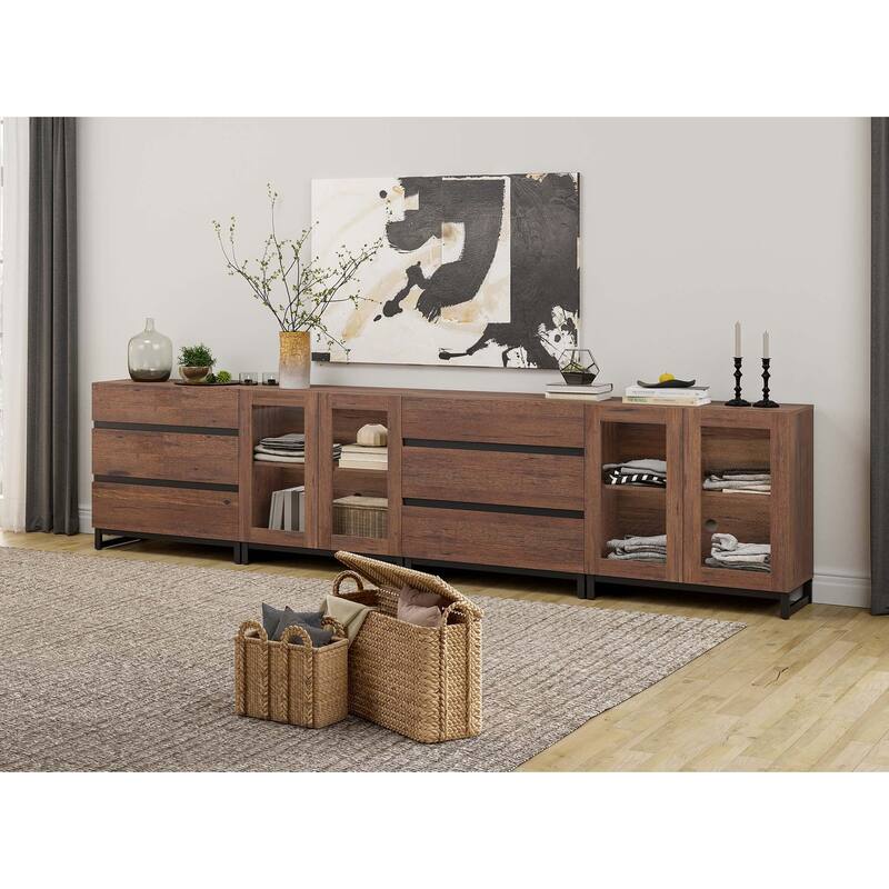 4 in 1 Modern Dresser with Glass Doors and 6 Drawers,Storage Cabinet with Adjustable Shelves, Chest of Drawers - Brown - 6-drawer