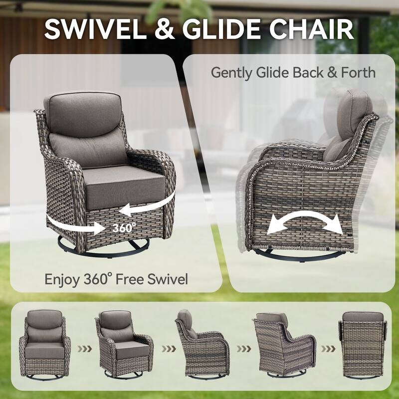 Pocassy Outdoor 6 Inch Sofa Glider Chairs Ottoman with Fire Table Set
