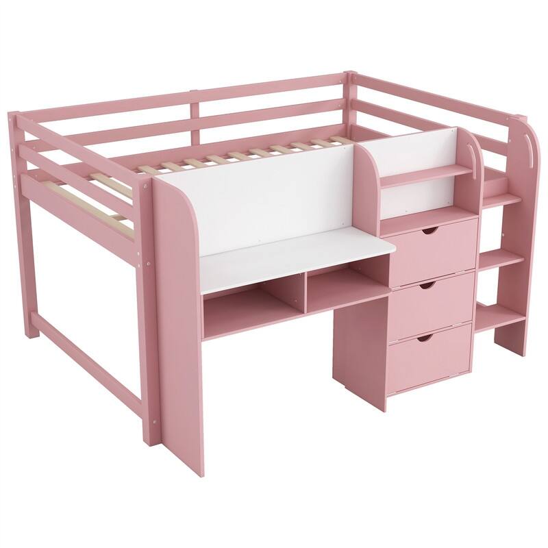 Full Size Low Loft Bed with Bulit-in Desk, Storage Cabinets and Open Bookcase, Wooden Loft Bedframe with Whiteboard for Graffiti