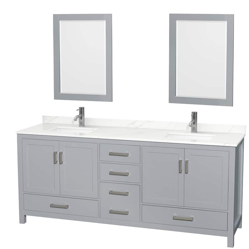 Sheffield 80-inch Double Vanity,Single Hole Quartz Top,24-inch Mirrors - Gray, Chrome Trim, Giotto Quartz Top