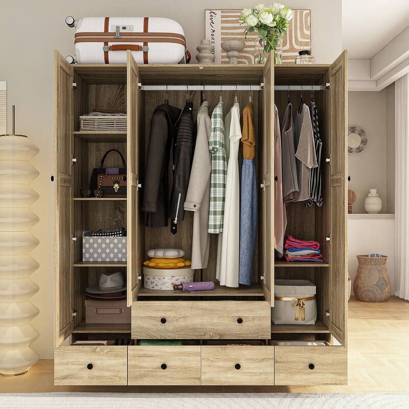 Natural Charm Wooden Armoire - Breathable Rattan Design Ample Storage