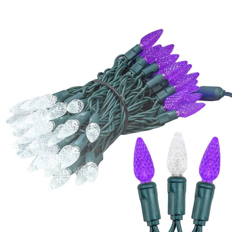 70 Light C6 LED Christmas Mini Light Set, Purple/Pure White, Green Wire, 24 Feet - Large