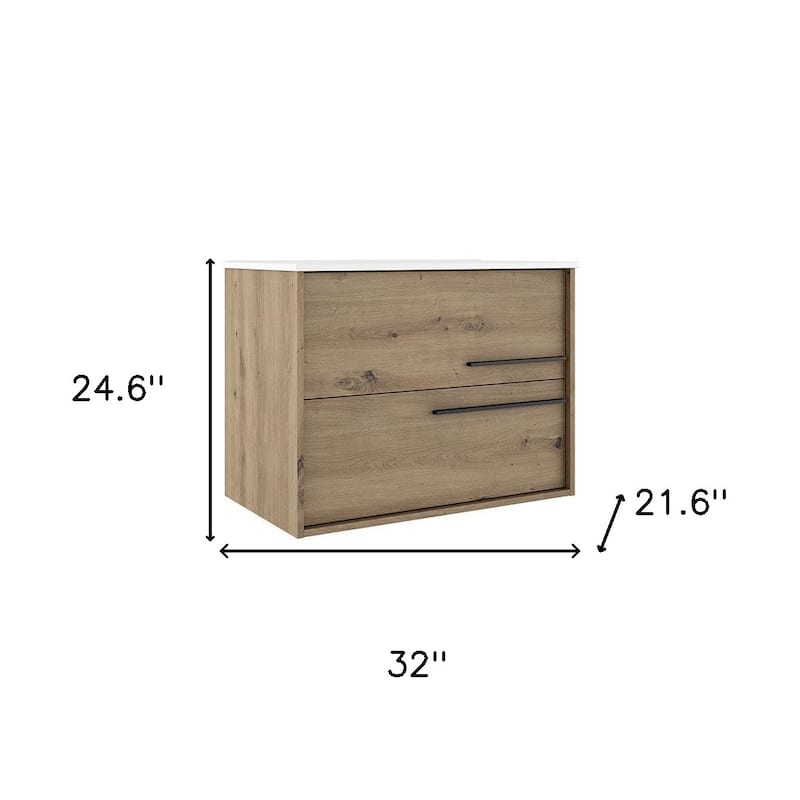HomeRoots 32" Natural Wood Floating Bathroom Vanity With White Sink And Two Drawers - 32.00 in. x 24.60 in. x 21.60 in.