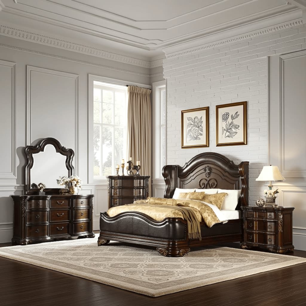 Rise 4 Piece Queen Bedroom Set, Arched Wing Design, Leatherette Padding, Brown