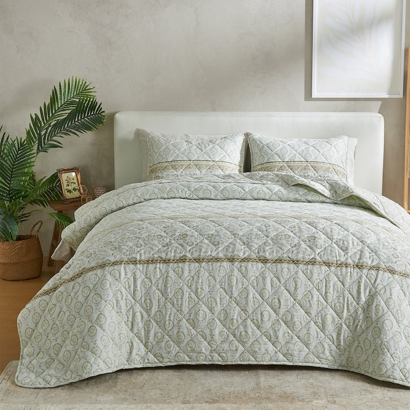 Patina Vie Maison Vintage Floral Printed Quilt Set with Shams - Taupe Floral - Twin XL