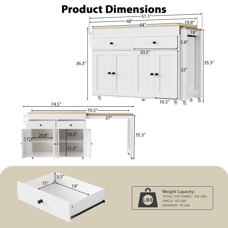 74.5 inch Kitchen Island with Extendable Dining Table , Rolling Kitchen Island on Wheels with Spice Rack and 2 Drawers