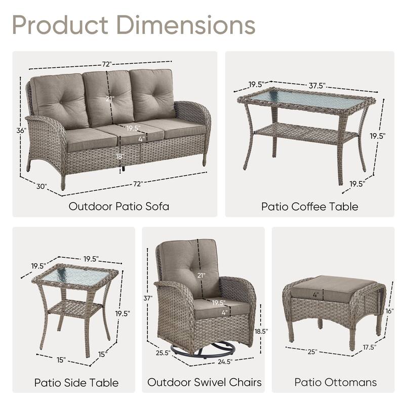 7 Pieces Swivel Chairs Sofa Table Ottomans Grey-Grey - Grey