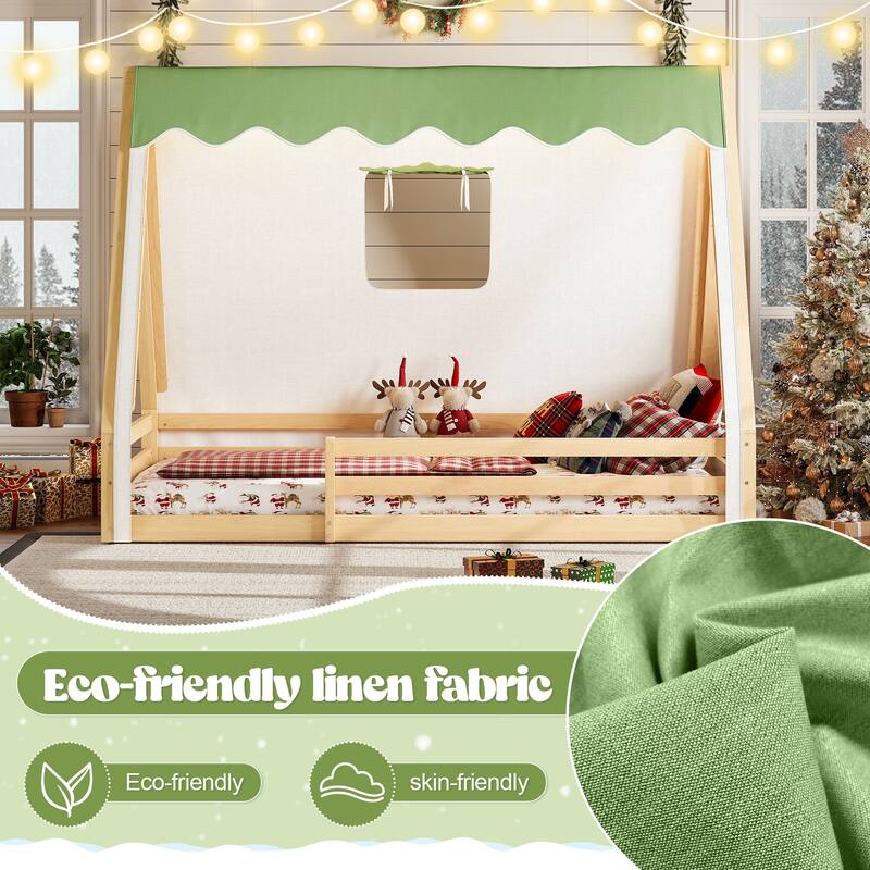 Montessori House Floor Bed with Tent and Lights, Solid Wood Teepee Bed with Guardrails, Twin/Full Kids Bed Frame