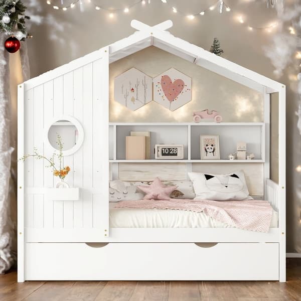 slide 2 of 36, Modern Design Twin Size House Bed with Wooden Trundle White