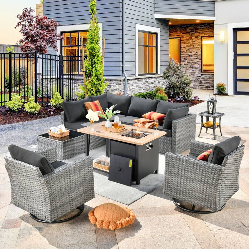 XIZZI 9-piece Outdoor Patio Wicker Sectional Sofa Set with Fire Pit Table - Black