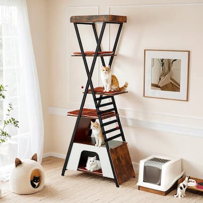EROMMY Industrial Cat Tree Tower, Modern Cat Condo with Scratching Post and Removable Cushions - walnut