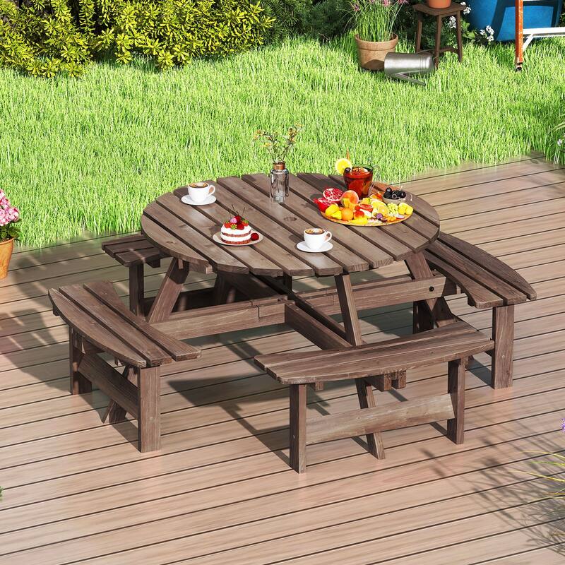 8 Person Wooden Picnic Table Round Outdoor Dining Set with Benches - 71" x 71" x 28" - Brown