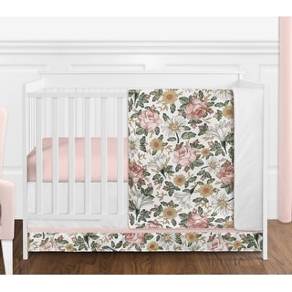 Sweet Jojo Designs Vintage Floral Boho Girl 4pc Nursery Crib Bedding Set - Blush Pink Yellow Green White Shabby Chic Farmhouse
