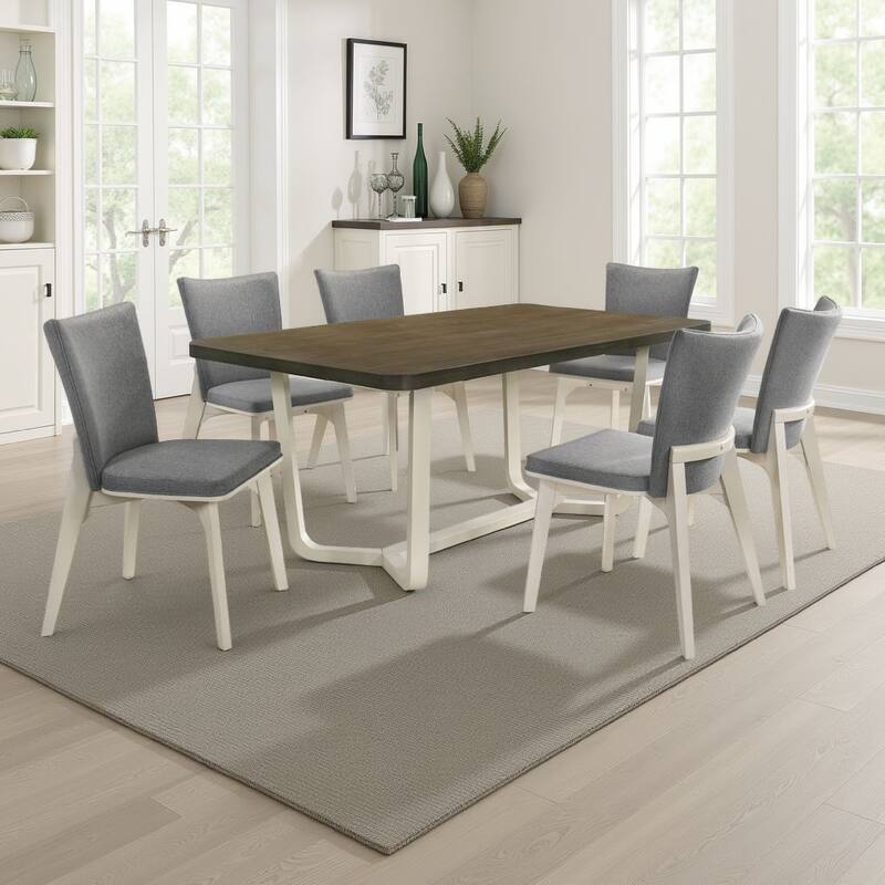 Loxy 7pc Dining Table Set, Dark Brown Wood Top, White, 6 Side Chairs