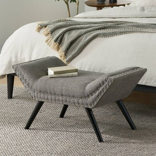 Contemporary Tufted Fabric Ottoman Bench with Nailhead Accents Bed