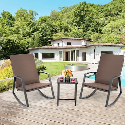 3 PCS Patio Rocking Bistro Set Rattan Rocking Chairs with Table Set