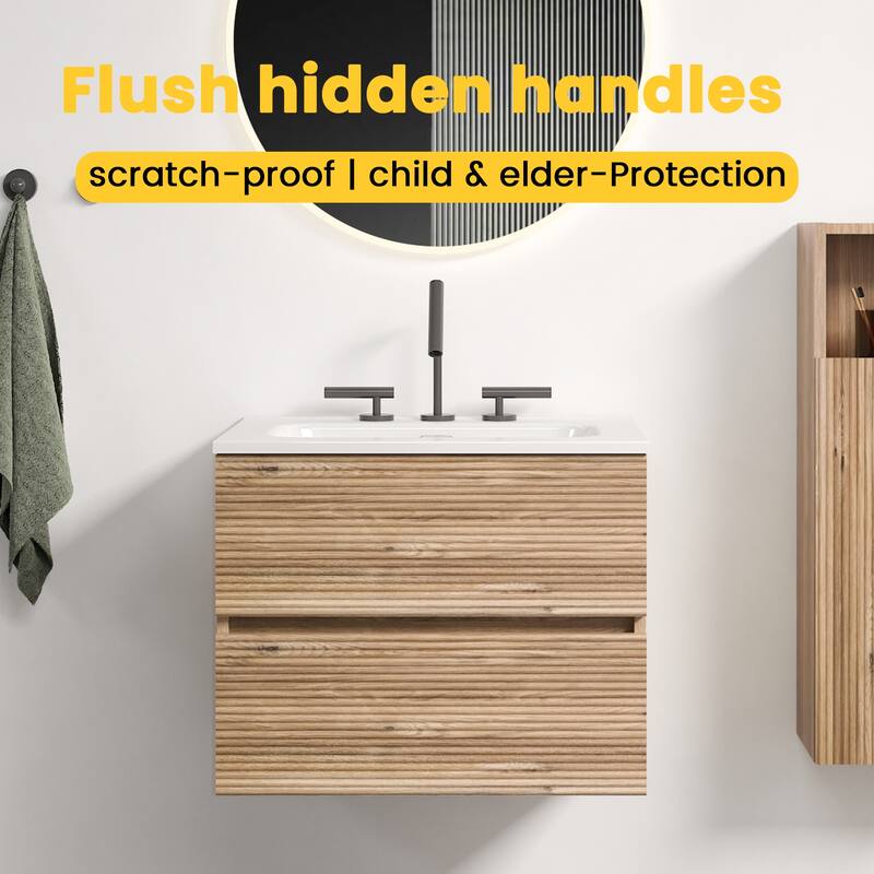 GDFStudio - Gloria Modern Wall-Mounted Floating Bathroom Vanity with Integrated Ceramic Basin & Soft-Close Drawers