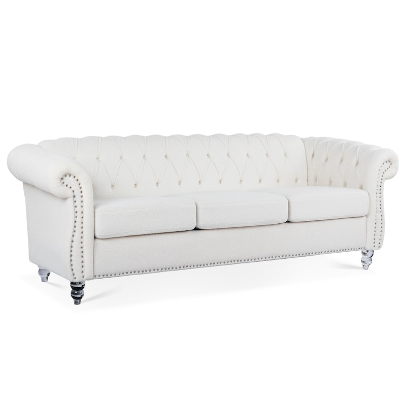 84.65" White Polyester Rolled Arm Chesterfield 3 Seater Sofa