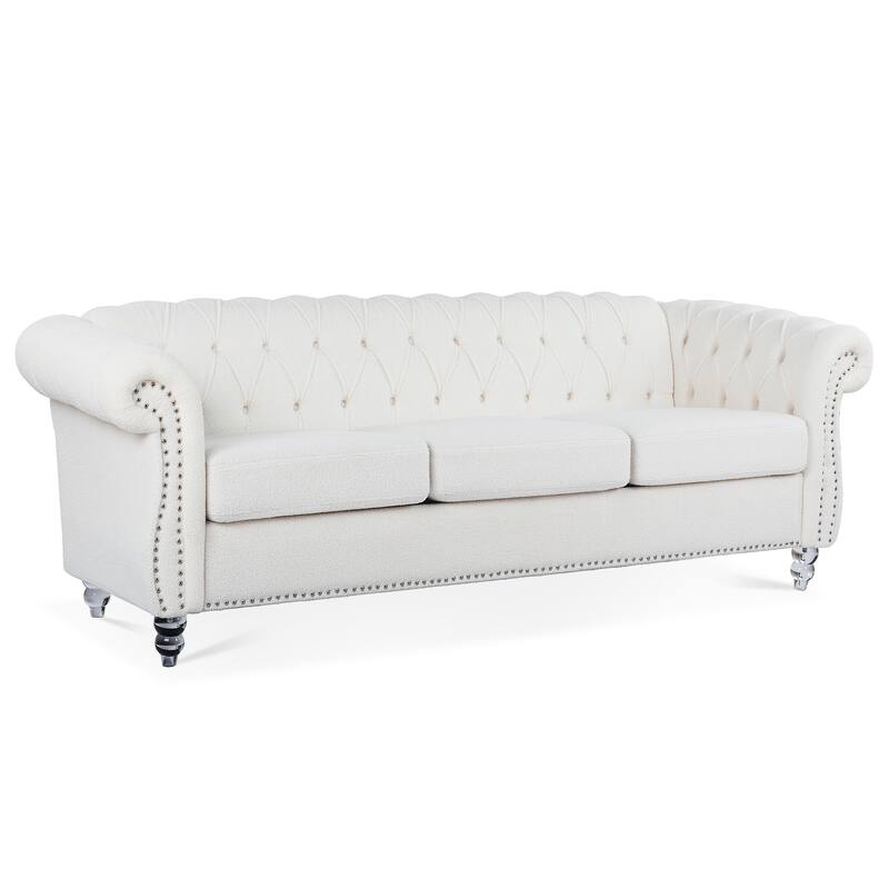 84.65"PU Rolled Arm Chesterfield Three Seater Sofa. - White