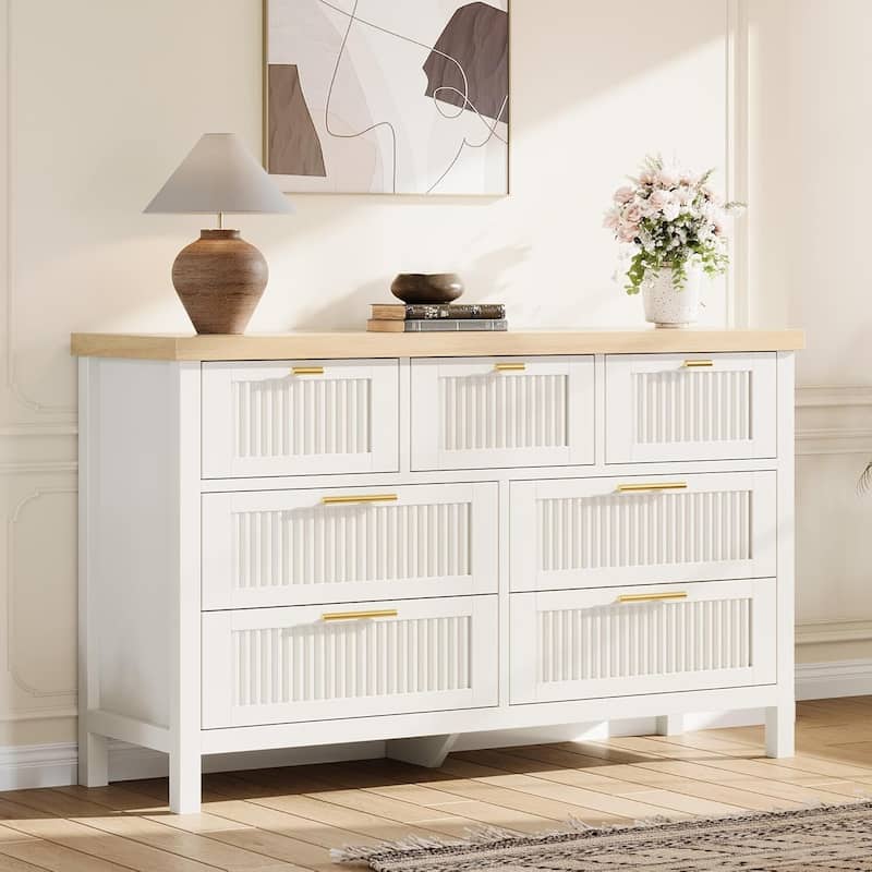 Modern Fluted Dresser with 7 Storage Drawers, Organizer Cabinet for Living Room, Bedroom - White