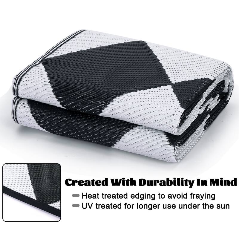 Outdoor Rug Waterproof Reversible Rug Plastic Straw Rug Checkered Floor Mat Outside Carpet for Camping RV Backyard Patio