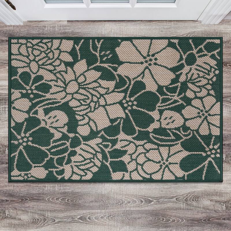 World Rug Gallery Modern Floral Flowers Textured Flat Weave Indoor/Outdoor Area Rug - 2'x3' - Green