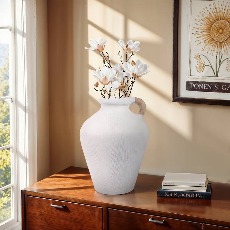 Terracotta Vase Woven Handle Handmade Decorative Jar Home Accent - White - 12" x 12" x 17.25"