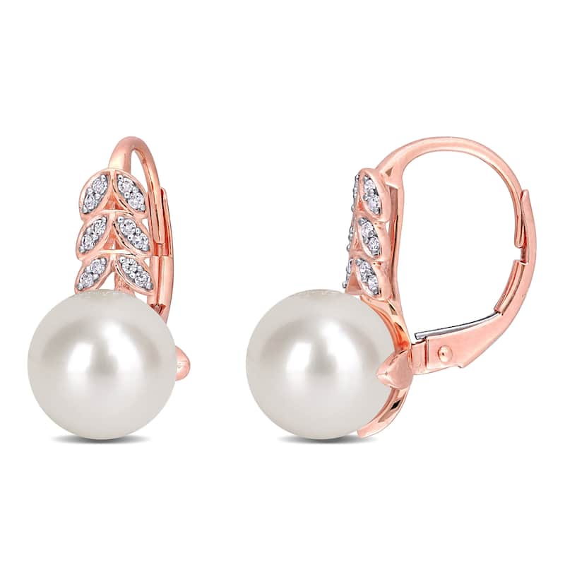 Miadora 10k Rose Gold Freshwater Cultured Pearl and 1/10ct TDW Diamond Leaf Leverback Earrings (9-9.5mm)