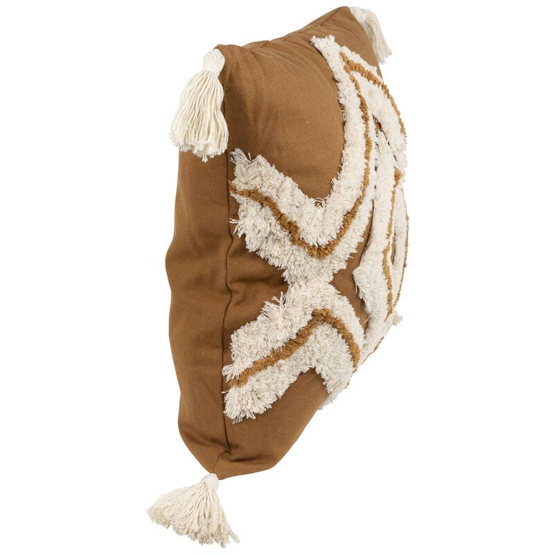 16" Camel Brown Boho Square Cotton Throw Pillow with Tassels