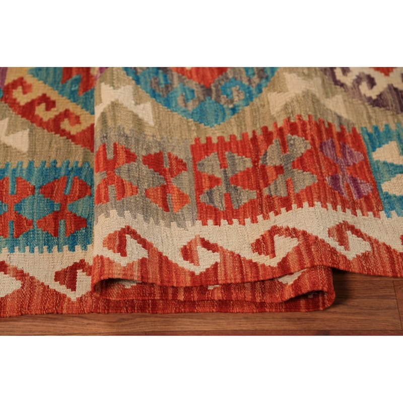 Geometric Kilim Oriental Area Rug Flatweave Multi-Color Wool Carpet - 8'5"x 9'6"