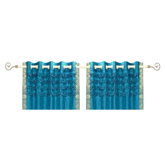 Turquoise Hand Crafted Grommet Top Sheer Sari Curtain Panel -Piece